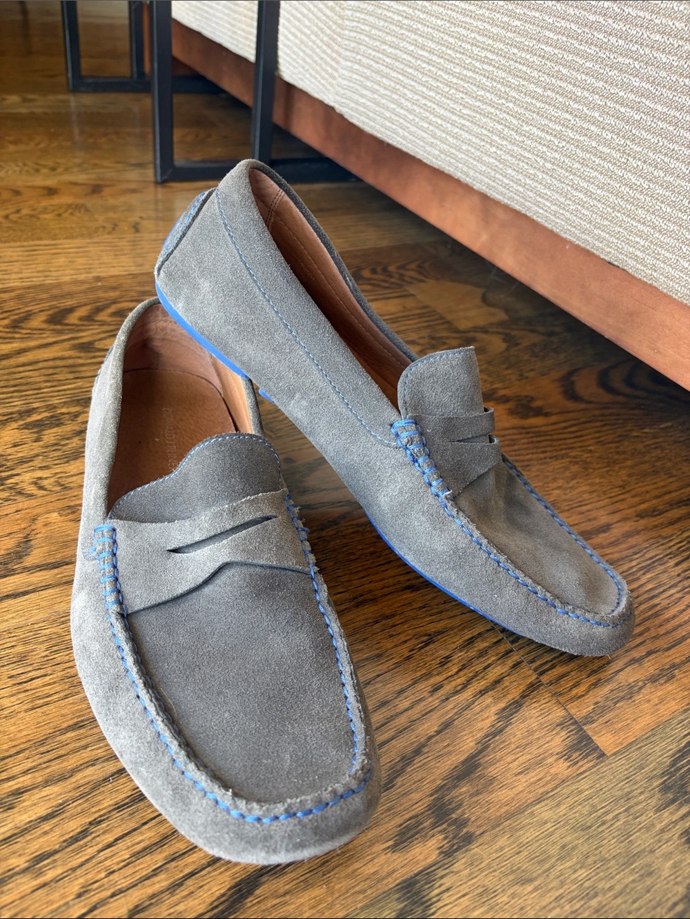 Men's Donald J Pliner Gray Suede Penny Driving Loafers with Blue Stitch Accents